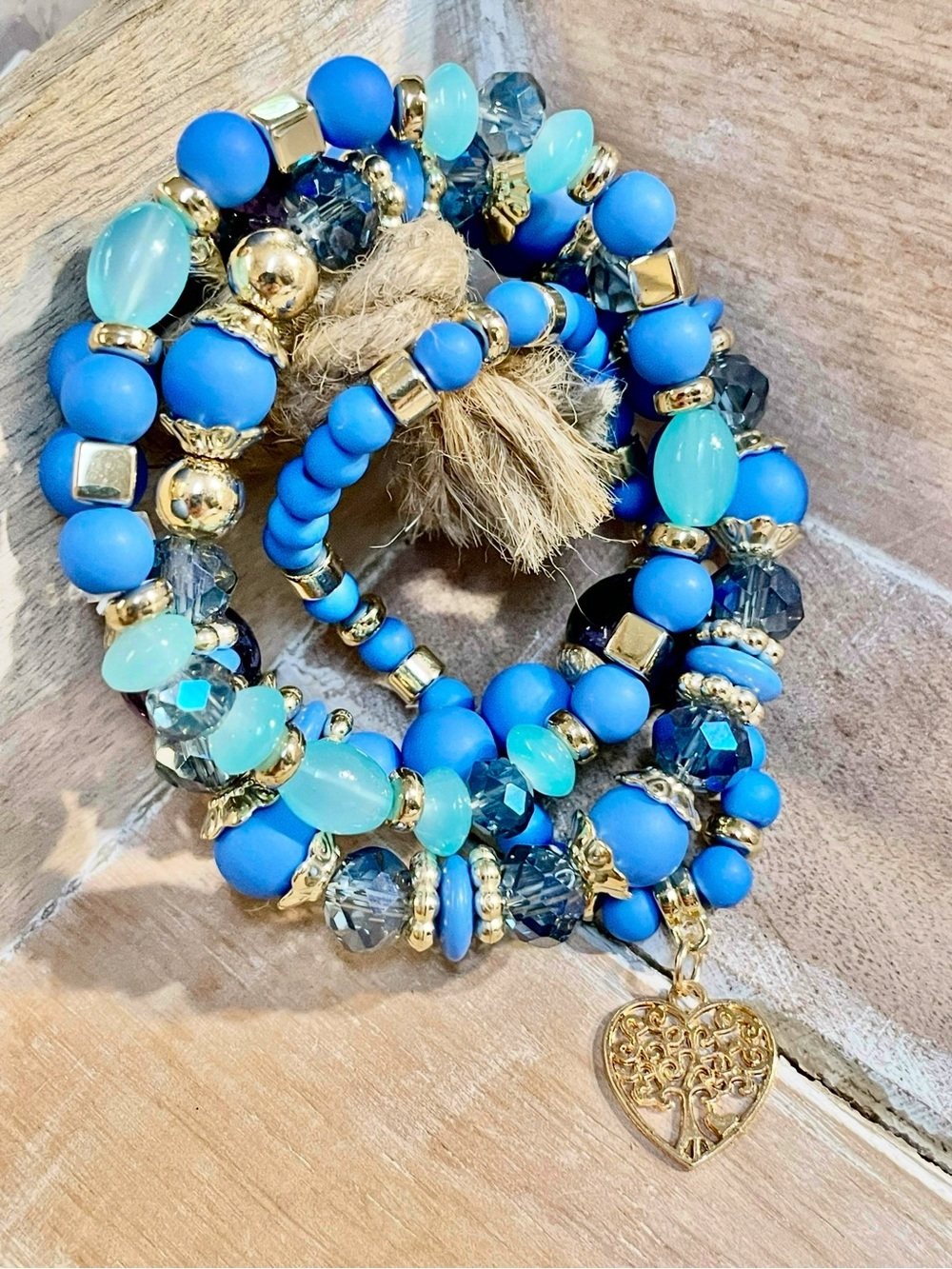 Stackable Blue and Aqua Beaded Bracelet Set with Gold Heart Charm